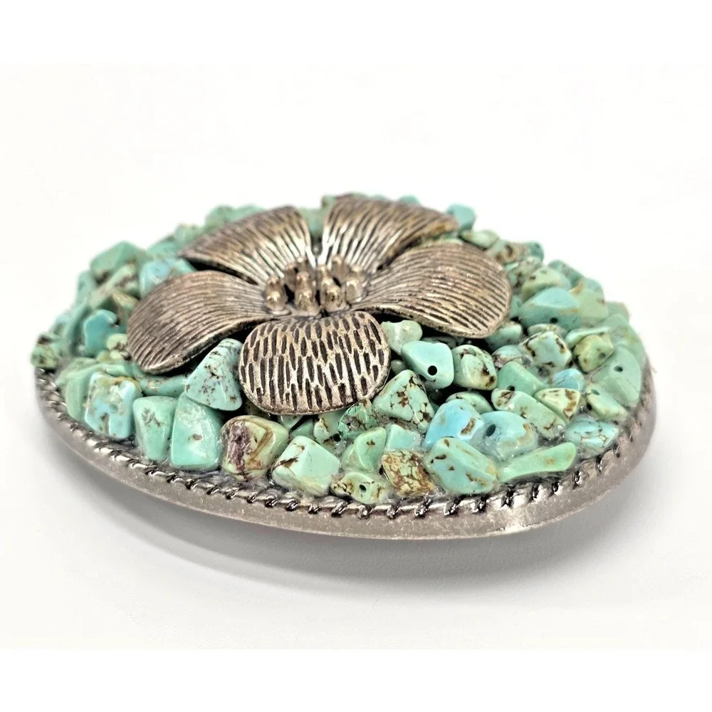 Vintage Ivan Faux Turquoise Chip Stone Floral Sunflower Western Belt‎ Buckle